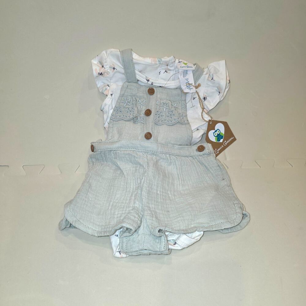NWT Emma's Garden floral bodysuit and overalls‎ outfit 6-9mo